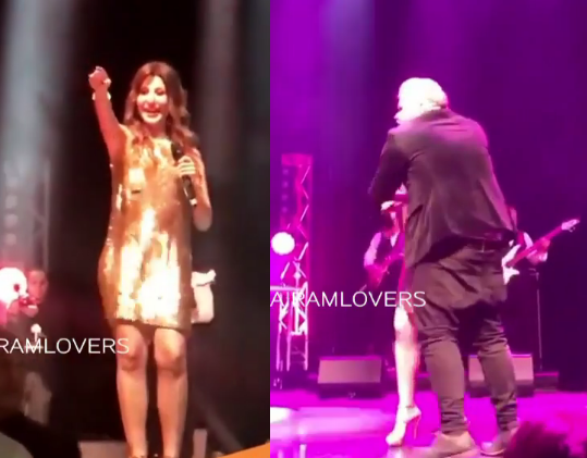 بالفيديو  ..  شاب يقتحم المسرح ويباغت نانسي عجرم ويحتضنها و يقبّلها!!
