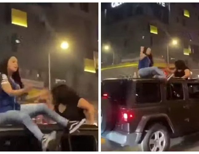 بالفيديو  ..  سقوط مروع لفتاة أثناء احتفالها من أعلى سقف سيارة “جيب”