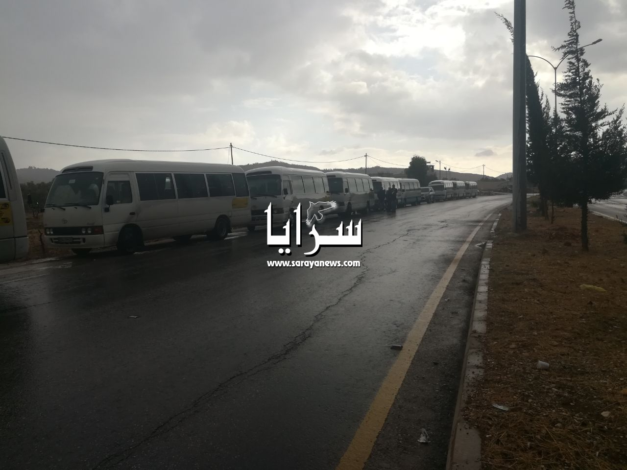 بالصور ..  اربد : إضراب باصات النقل العام على طريق اربد الأغوار الشمالية 