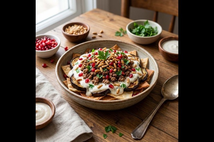 فتة الباذنجان بالزبادي والطحينة