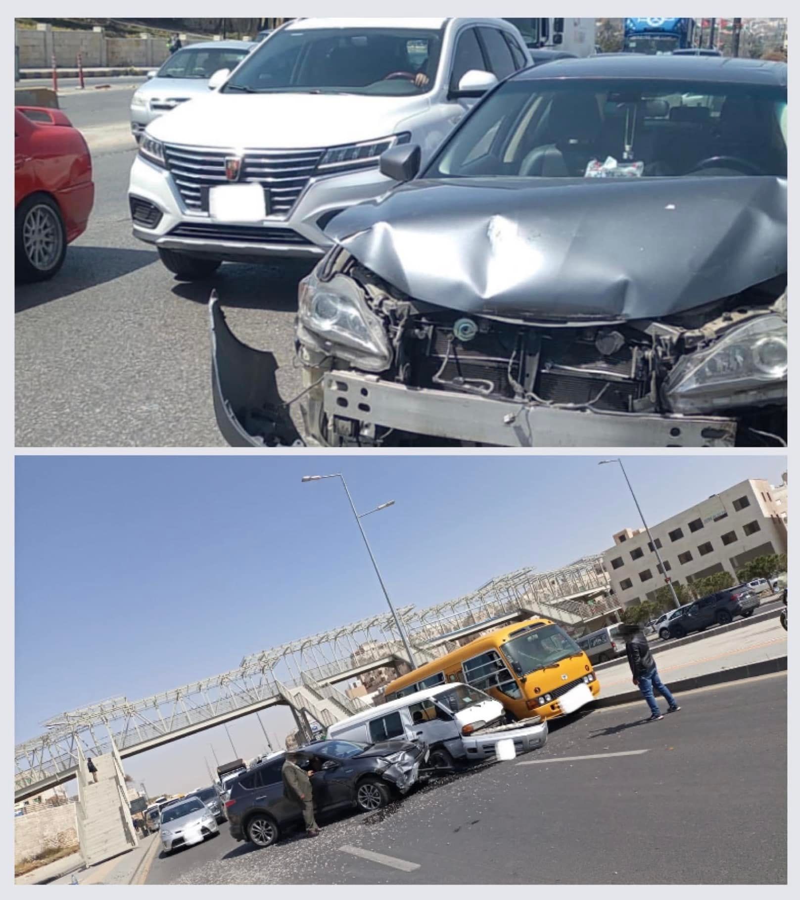 بالصور ..  حادث تصادم بين 10 مركبات يؤدي الى ازدحام مروري خانق في نفق المدينة وشارع الشهيد 