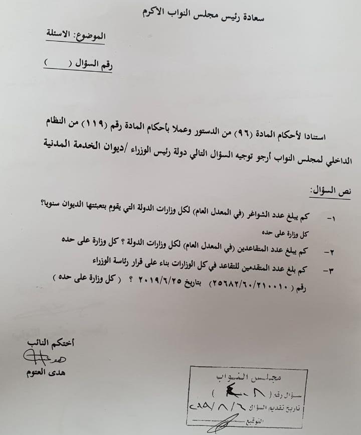 العتوم تسأل عن التعيينات والتقاعدات في وزارات الدولة الأردنية