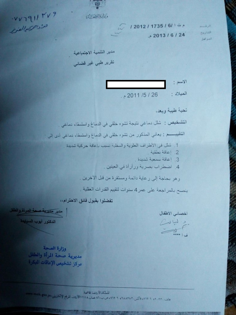 بالوثائق .. امام اهل الخير مواطن يناشد بتوفير "مواصلات"مراجعته لطفله الذي يعاني شلل دماغي في احد المستشفيات
