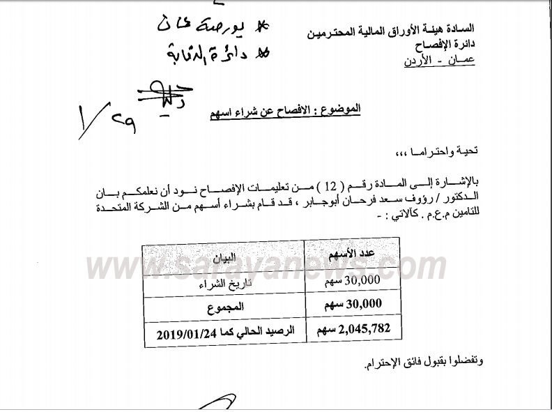 ابو جابر يشتري (30) الف سهم من المتحدة للتامين 