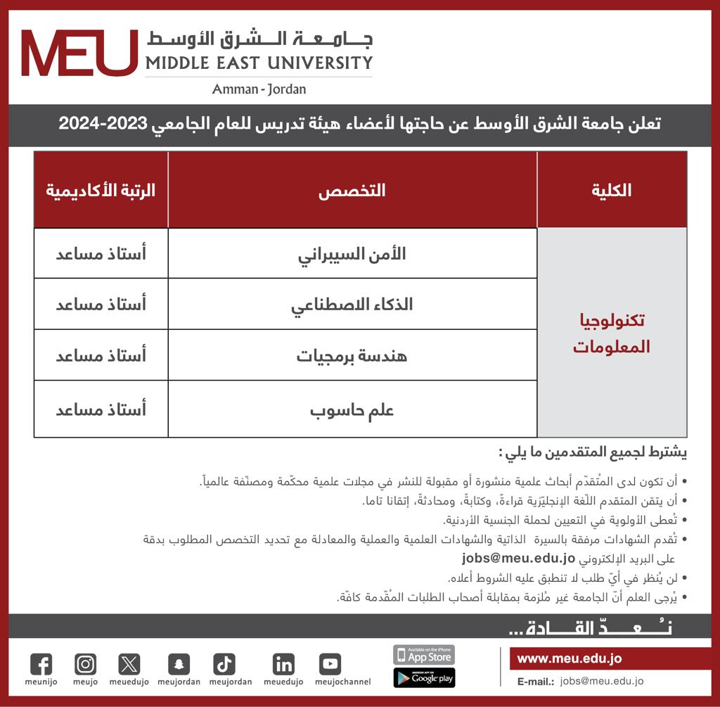 جامعة الشرق الأوسط تعلن عن حاجتها تعيين أعضاء هيئة تدريسية