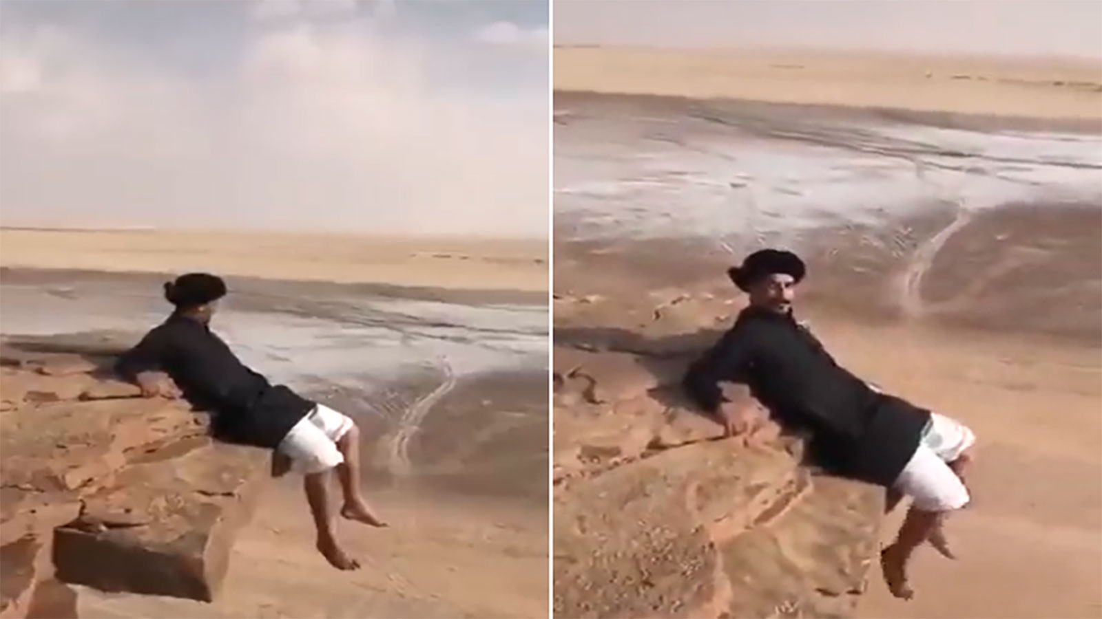مشهد يحبس الأنفاس ..  سعودي يجلس على حافة جبل شاهق في ينبع   ..  فيديو 