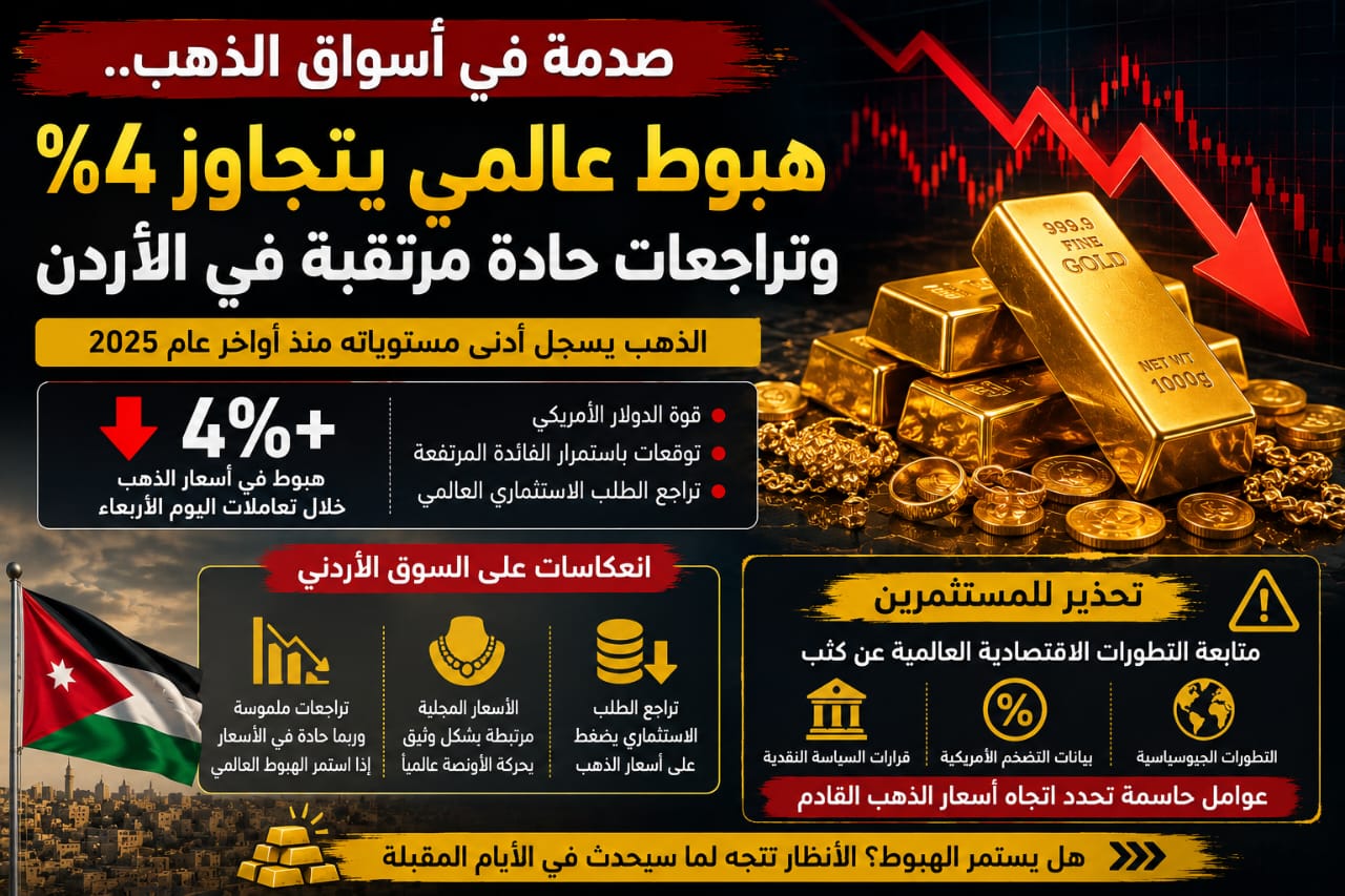 صدمة في أسواق الذهب ..  هبوط عالمي يتجاوز 4% وتراجعات حادة مرتقبة في الأردن