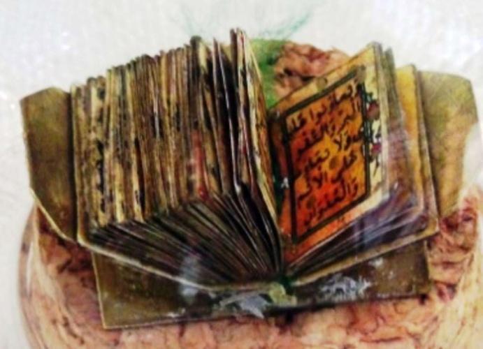 بالصور  ..  سورة قرآنية مصغرة كتبت على بذرة تين بشعرة عنكبوت وإبرة نحلة