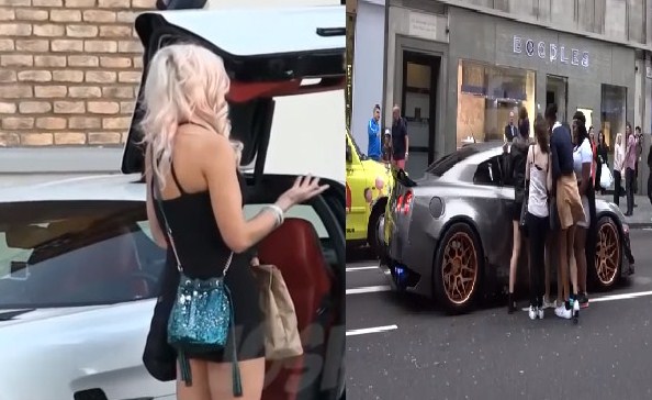بالفيديو  .. شاهد كيف تتجمهر الفتيات الجميلات على سيارات اثرياء العرب الفاخرة في لندن 