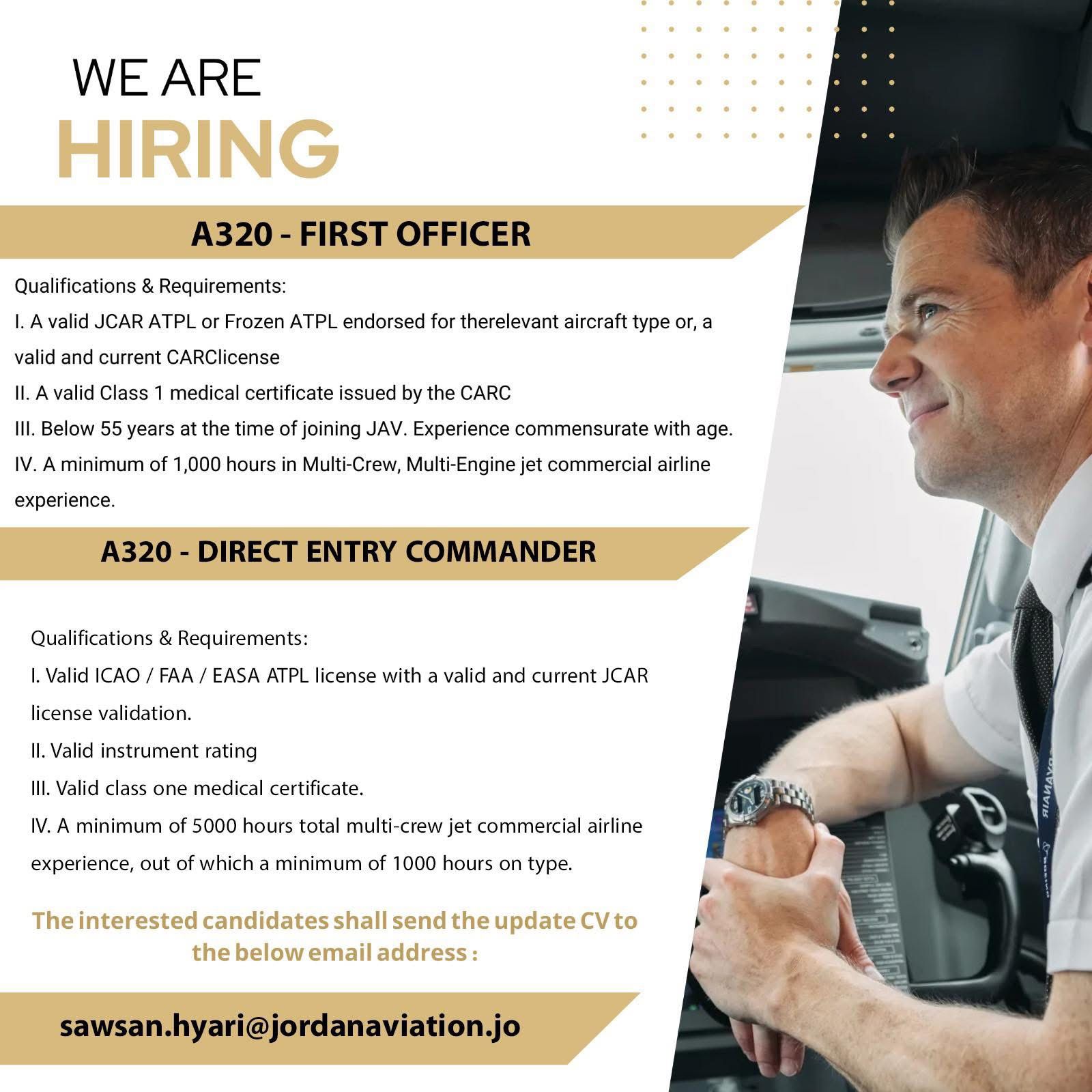 الأردنية للطيران تعلن عن وظائف First Officer وDirect Entry Commander - رابط تقديم