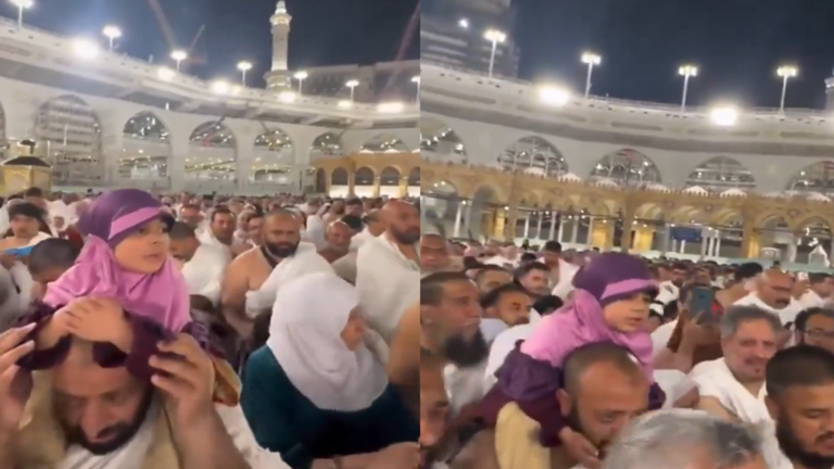 السعودية ..  حشد من الحجاح يردد الدعاء خلف طفلة على كتفي والدها في الحرم المكي - (فيديو)