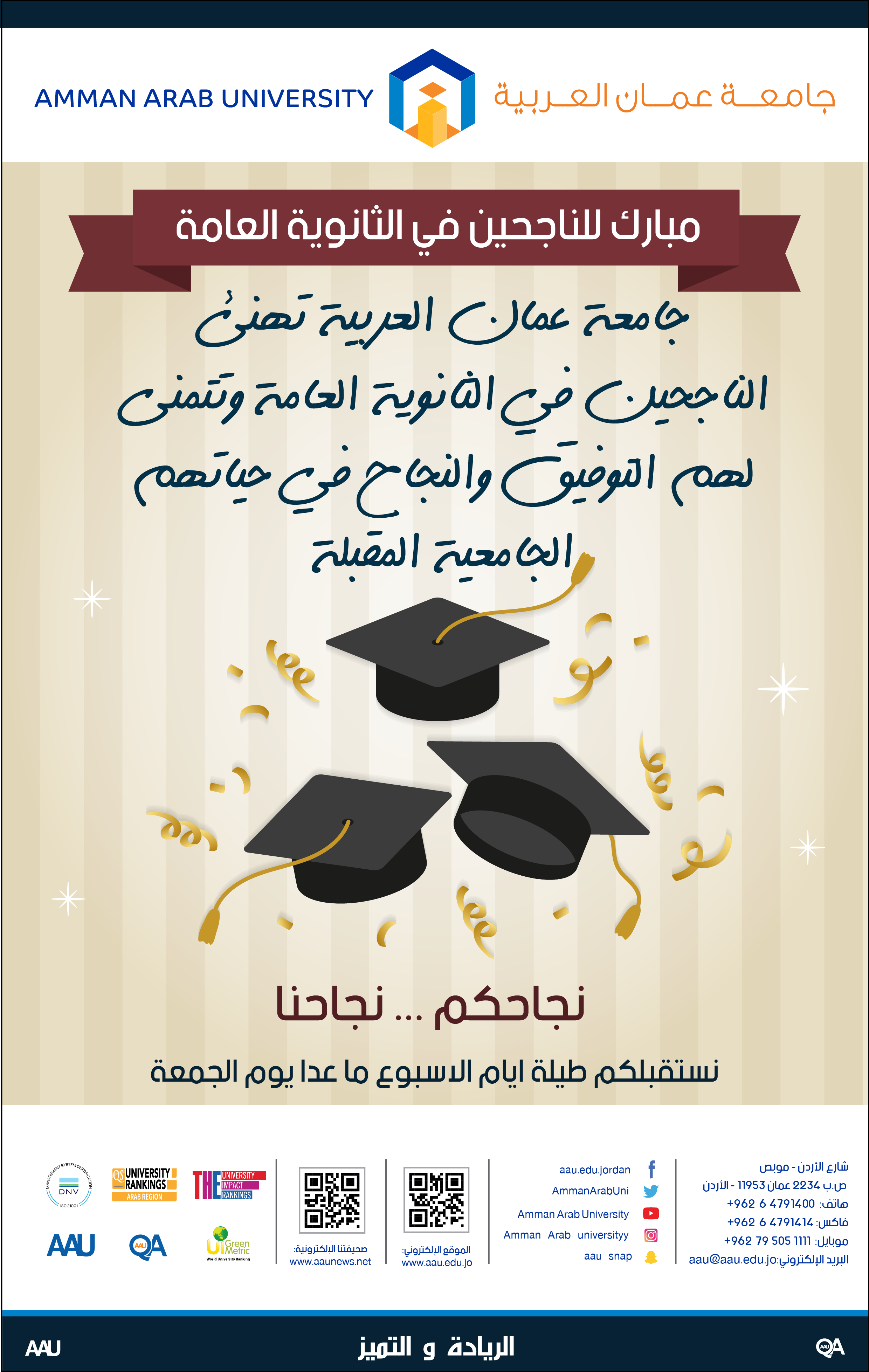 رئيس وأسرة جامعة عمان العربية يهنئون الناجحين في الثانوية العامة