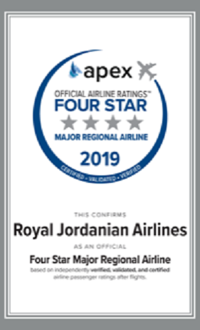 الملكية الأردنية تفوز للسنة الثانية بجائزة أفضل شركة طيران إقليمي رئيسية لفئة الأربع نجوم 