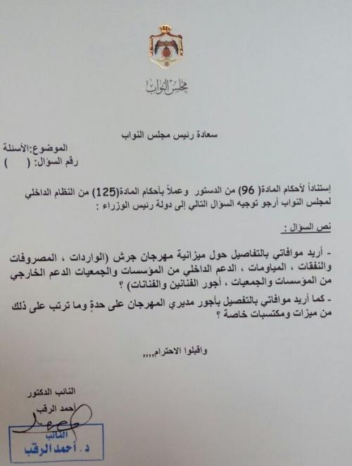 الرقب يسأل عن اجور فناني جرش و الايرادات و النفقات