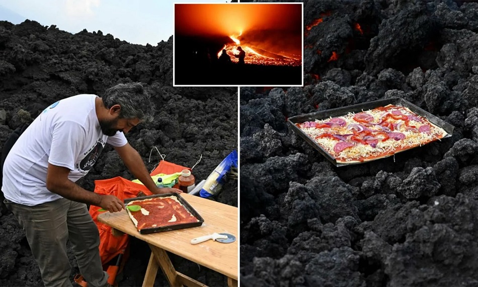 فيديو غريب ..  بيتزا على فوهة بركان ثائر في غواتيمالا