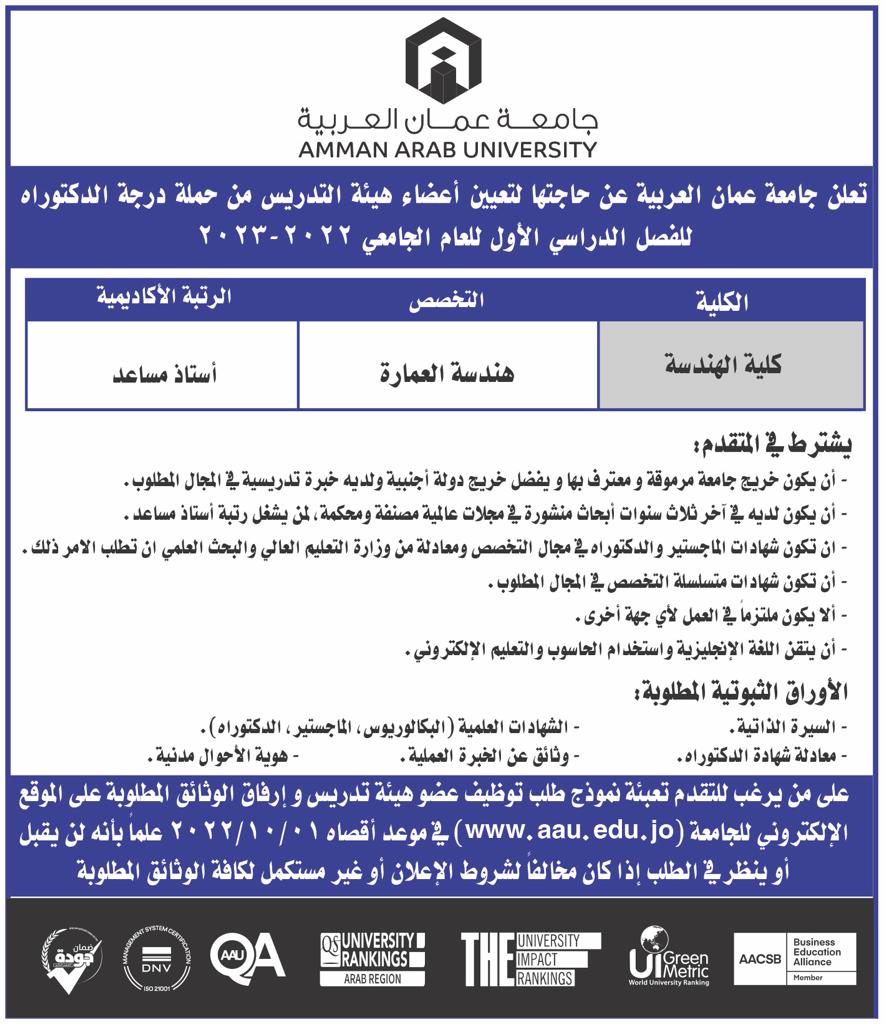 جامعة عمان العربية تعلن عن حاجتها لتعيين أعضاء هيئة التدريس