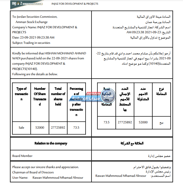 رجل الأعمال الأردني "هشام وادي" يبيع "10140" سهم من  حصته في شركة إنجاز  ..  وثيقة
