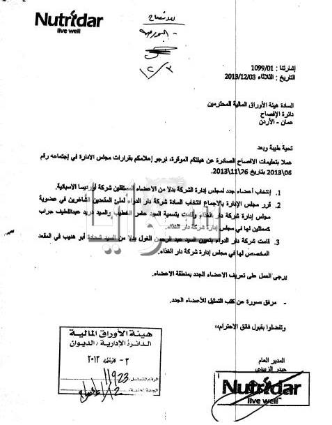 " دار الدواء " تعيّن بديلاً للوزير الأسبق أبوهديب ممثلاً في مجلس إدارة "دار الغذاء" .. وثيقة