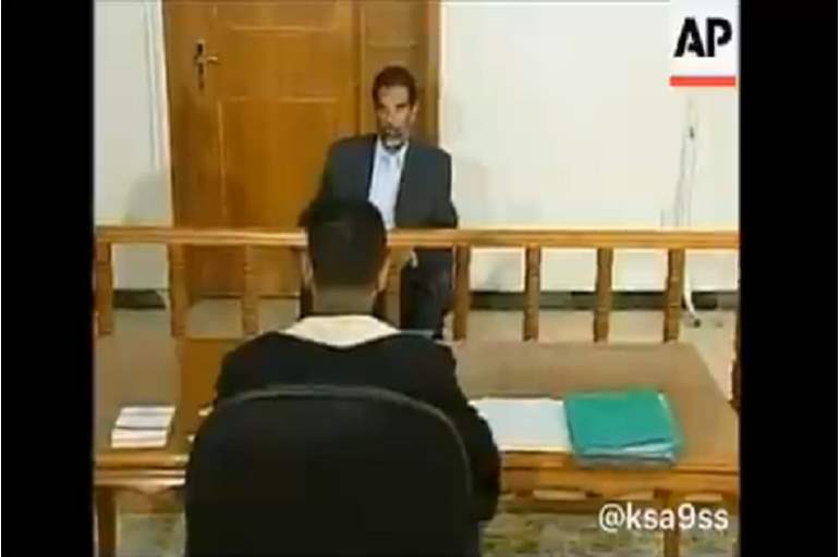 بالفيديو  ..  لقطات تُكشف لأول مرة تُظهر صمود "صدام حسين" في أول جلسة تحقيق 