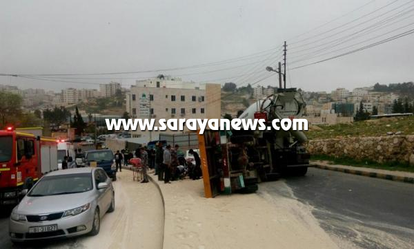 عمان: اصابتان وتصادم 5 مركبات بسبب تدهور قلاب في صويلح