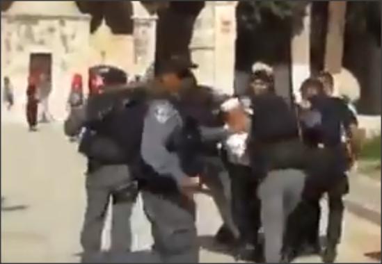 بالفيديو .. جنود صهاينة ينهالون بالضرب على مسن فلسطيني بالأقصى