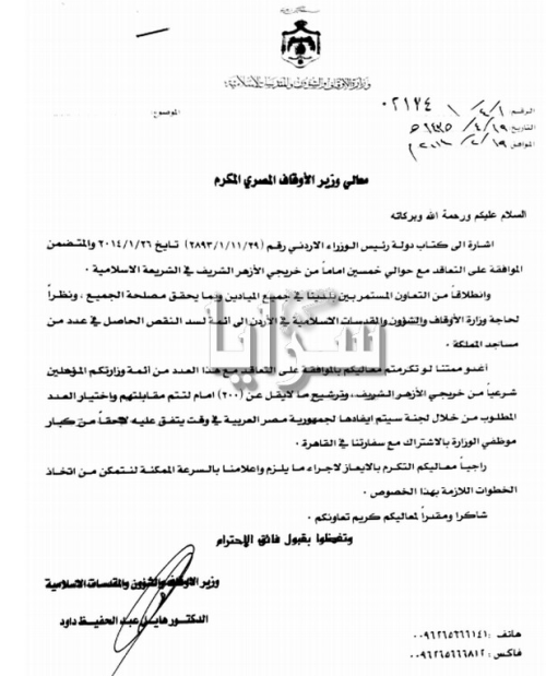 بالوثائق  ..  الاوقاف تستعين بأئمه من الأزهر  ..  وسط رفض ائمة الأردن 