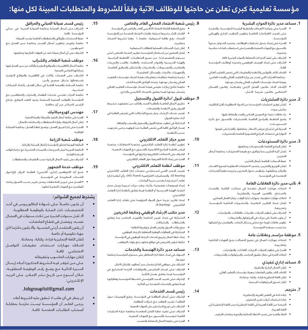 مؤسسة تعليمية كبرى تعلن عن حاجتها للوظائف التالية ووفقًا للمتطلبات المذكورة