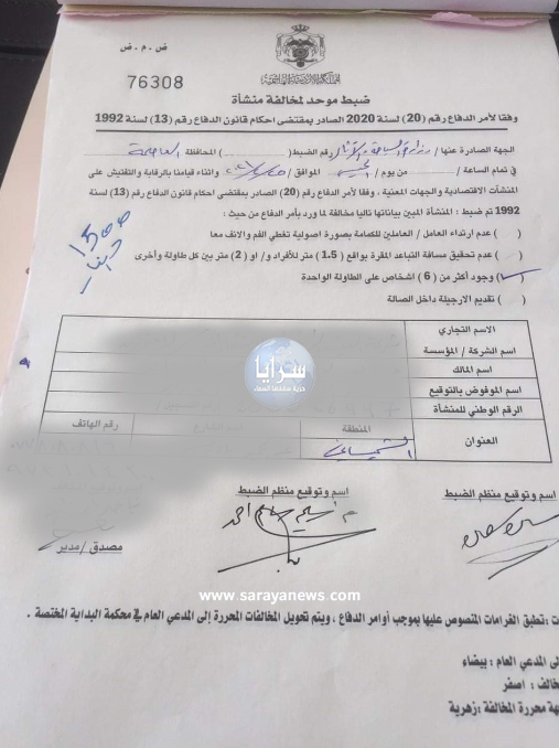 صاحب مطعم "مأدبة العشاء" للمبيضين و التلهوني لـ"سرايا": تمت مخالفتنا بـ1500 دينار و لم نتجاوز أوامر الدفاع  ..  وثيقة