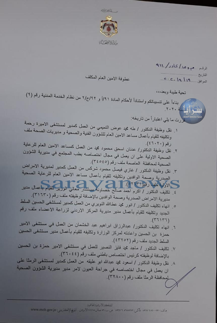 اعفاء مسؤول ملف كورونا من منصبه ونقل مدير مستشفى حمزه وتنقلات واسعه في الصحه