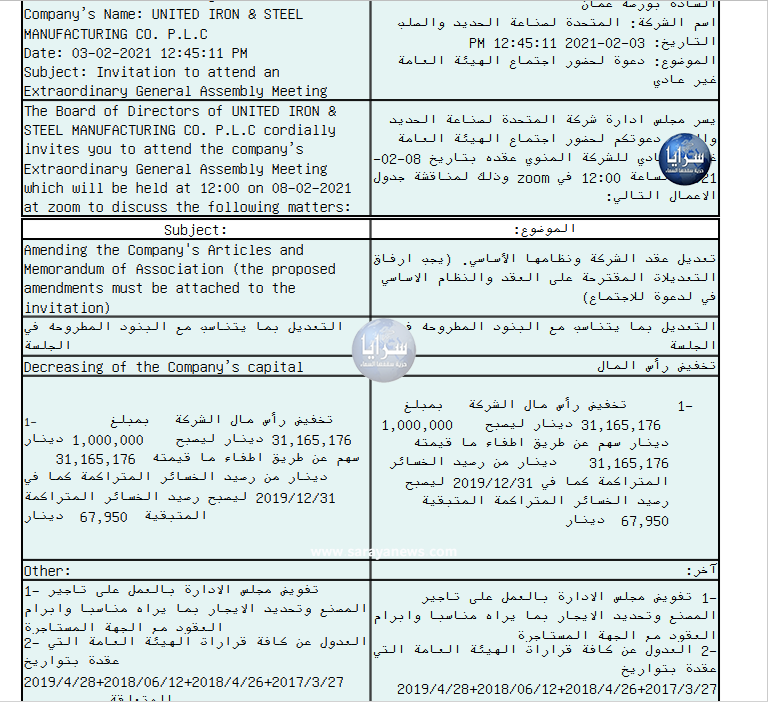 الشركة المتحدة لصناعة الحديد والصلب تخفض رأس مالها بأكثر من 31 مليون دينار لإطفاء الخسائر المتراكمة ..  وثائق
