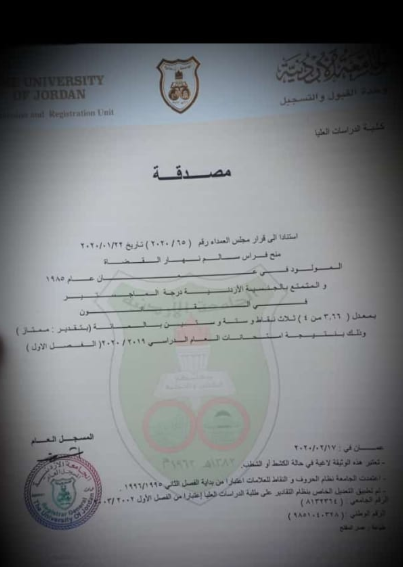 فراس القضاة بني صخر ..  مبارك الماجستير