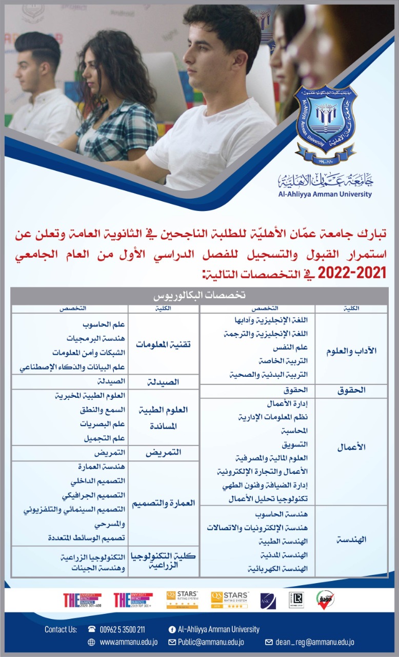 عمان الأهلية  تعلن عن استمرار القبول والتسجيل في تخصصات درجة البكالوريوس للفصل الأول من العام الجامعي 2021-2022