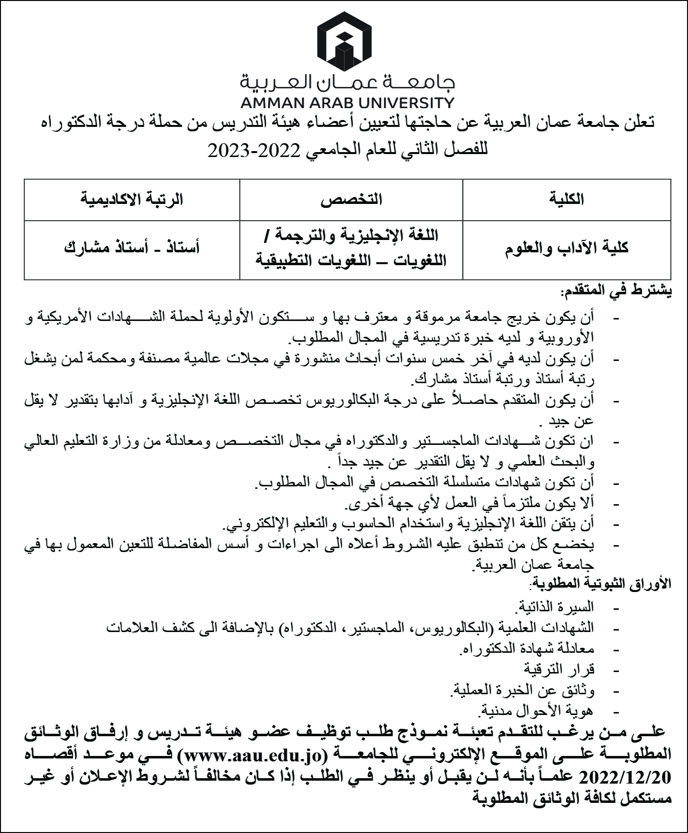 جامعة عمان العربية تعلن عن حاجتها لتعيين أعضاء هيئة تدريسية