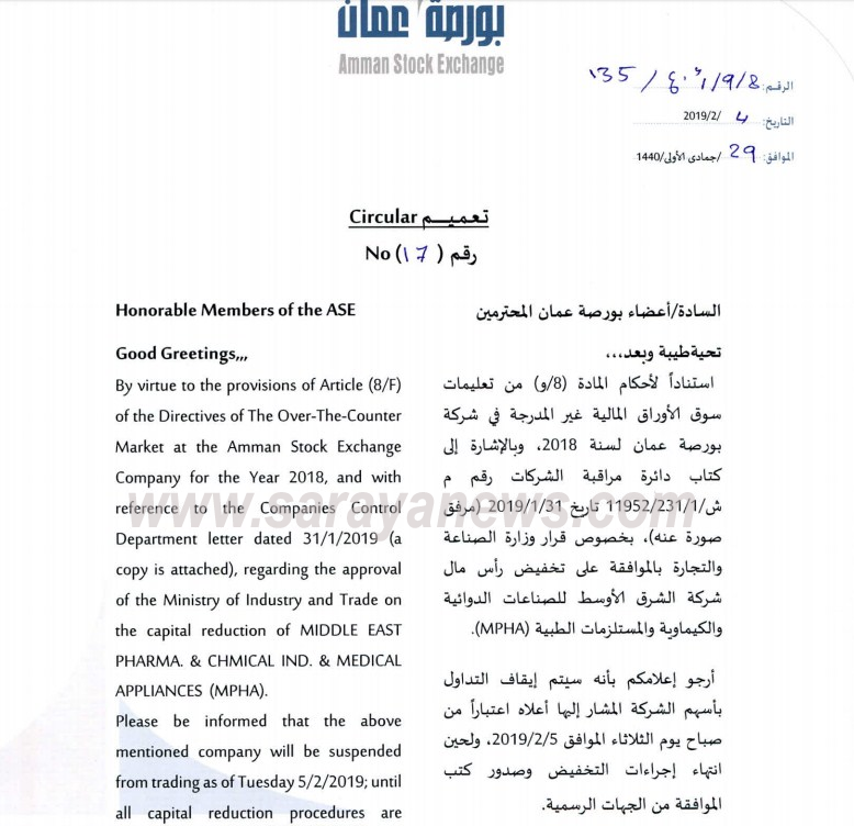 الصناعة والتجارة تخفض اسهم شركة الشرق الاوسط للصناعات الدوائية