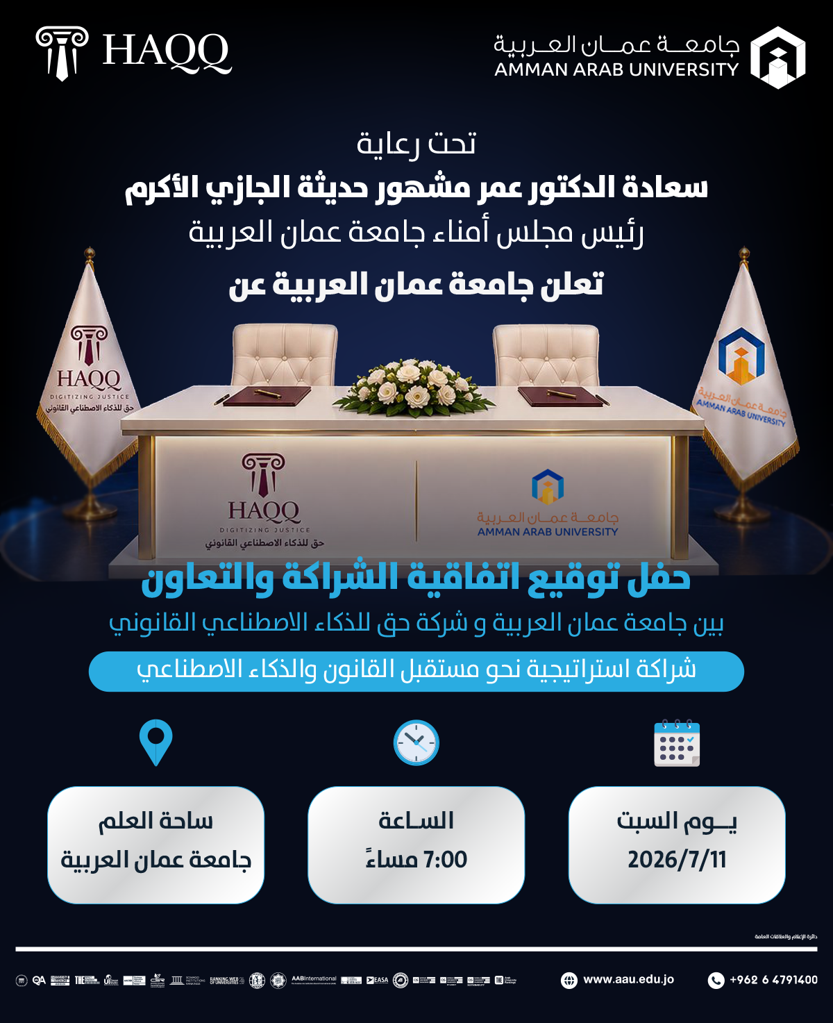 حفل توقيع اتفاقية الشراكة والتعاون بين جامعة عمان العربية وشركة حق للذكاء الاصطناعي القانوني 