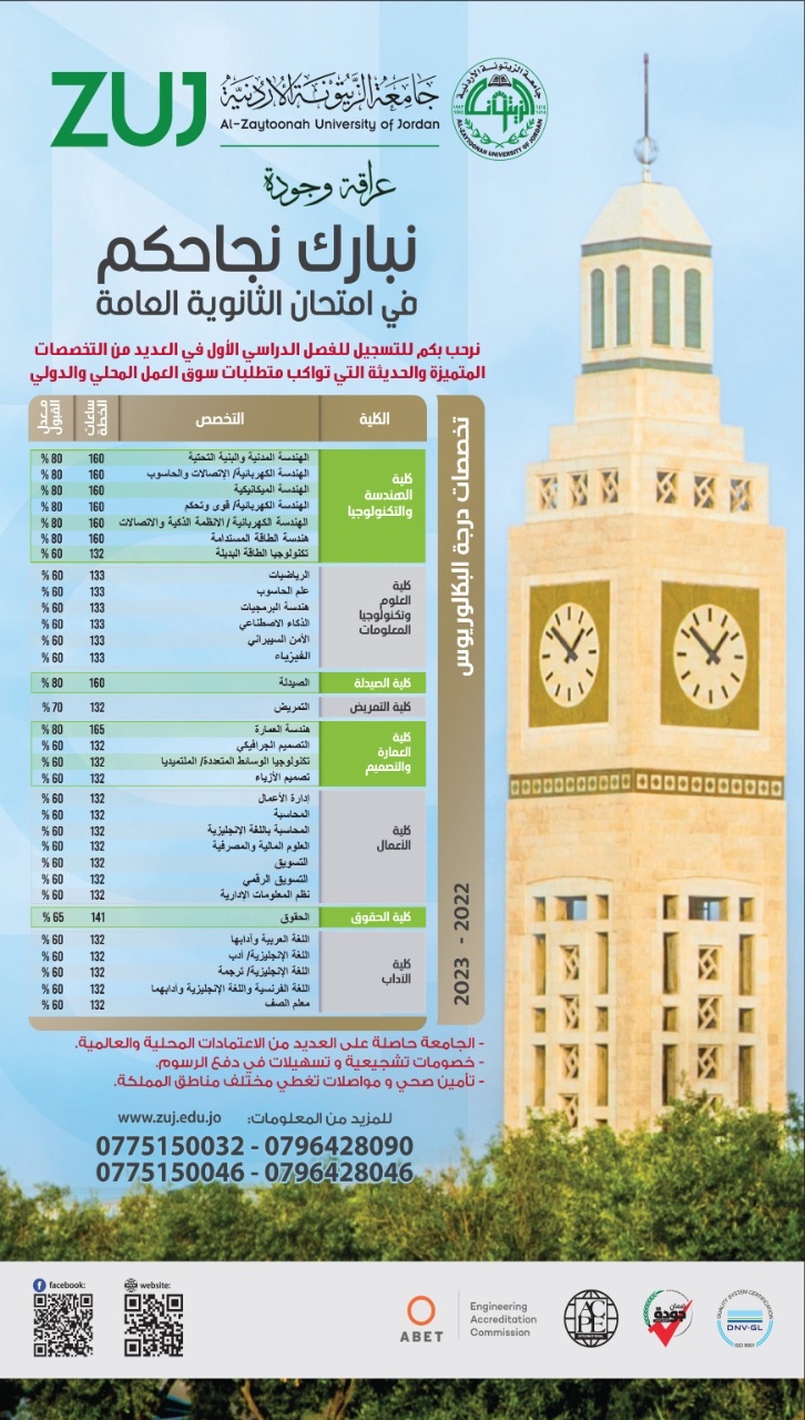 جدول التخصصات جامعة الزيتونة الاردنية‎‎