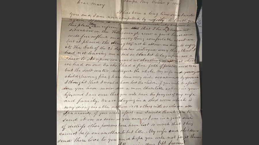 رسالة من عام 1848 تكشف عن الأهوال التي سببها إعصار مدمر لمدينة تامبا الأمريكية