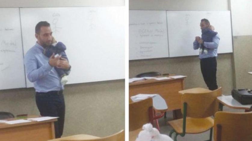 ما هي قصة الطفل الذي يحمله استاذ جامعي اثناء المحاضرة  ..  صور 