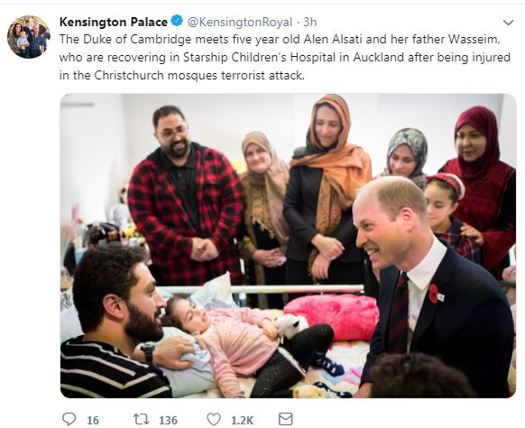 الأمير ويليام يزور الطفلة الأردنية المصابة بنيوزيلندا