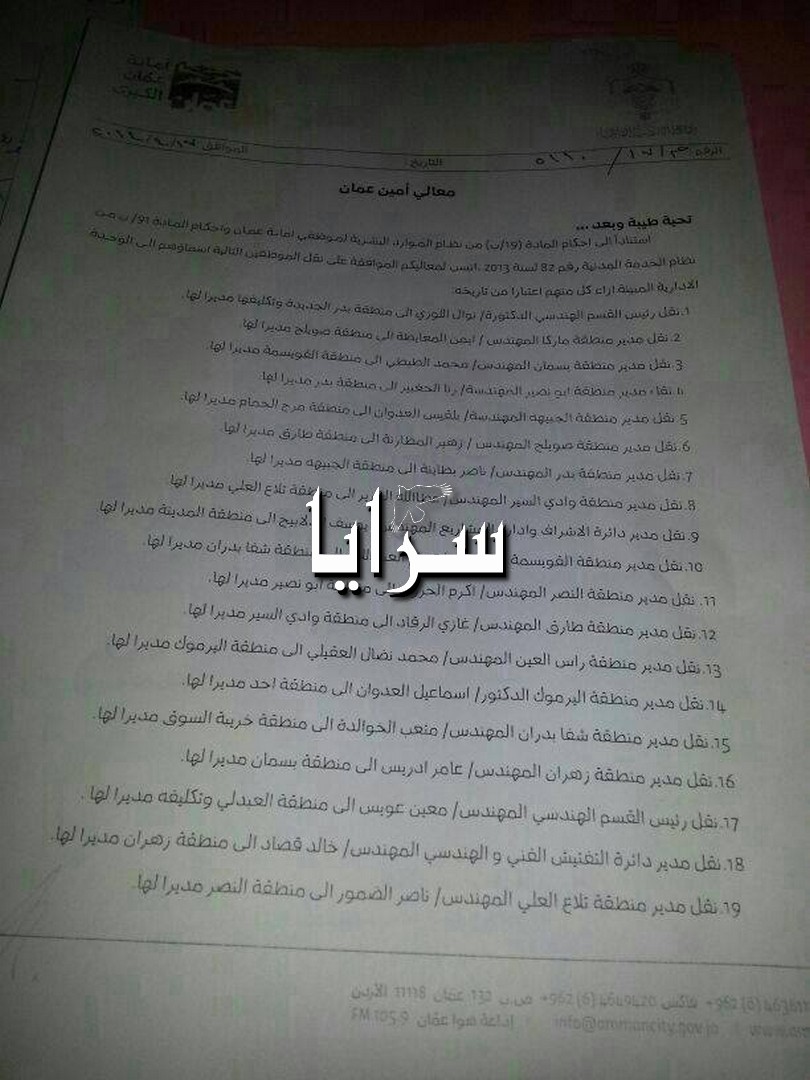 تنقلات واسعة في أمانة عمان  ..  أسماء و وثائق