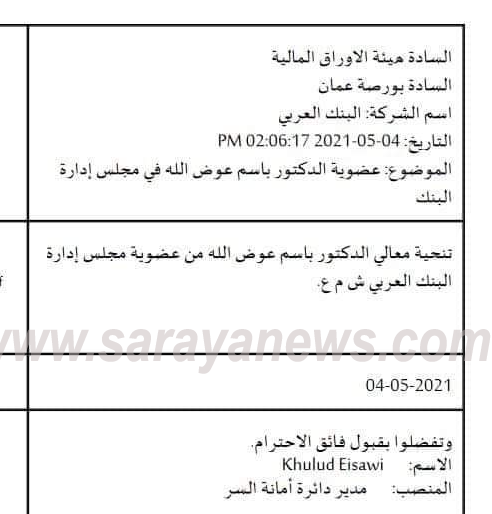 إدارة البنك العربي تقرر تنحية "باسم عوض الله" من عضوية مجلس الإدراة  ..  وثيقة