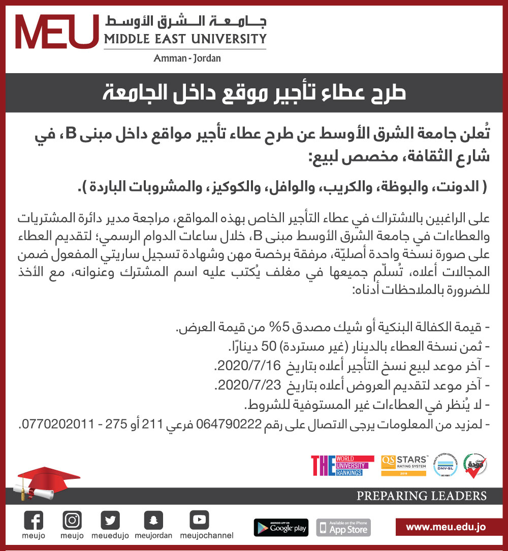 إعلان عطاء تأجير - جامعة الشرق الاوسط