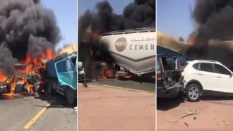 حادث مروري مروع واندلاع حريق بعدد من المركبات بالكويت (فيديو)