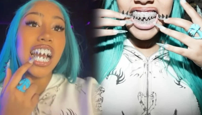 على غرار والدها ..  ظهور صادم لابنة كيم كارداشيان بأسنان قرش ألماسية