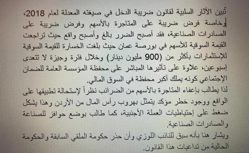 اللوزي يتبنى مذكرة تطالب باعفاء المتاجرة بالاسهم من الضرائب