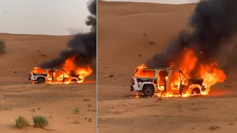 بسبب الحسد ..  خليجي يحرق سيارته ويثير جدل  - فيديو