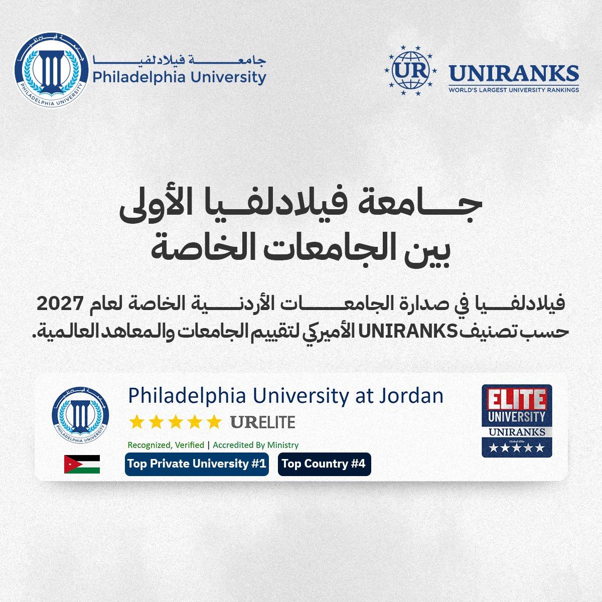 جامعة فيلادلفيا الأولى بين الجامعات الأردنية الخاصة في تصنيف (UNIRANKS) لعام 2027