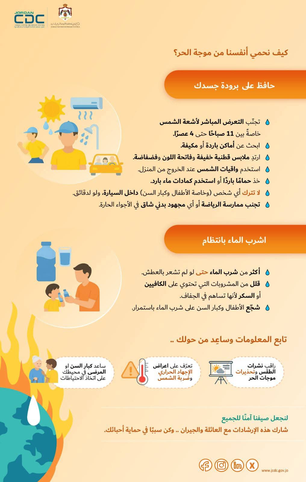 "الوطني لمكافحة الأوبئة" يصدر مجموعة من الإرشادات الصحية لحماية المواطنين من الإجهاد الحراري وضربة الشمس