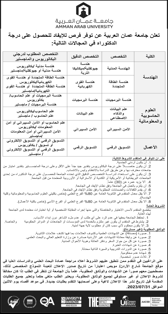 تعلن جامعة عمان العربية عن توفر فرص للإيفاد للحصول على درجة الدكتوراه ‎