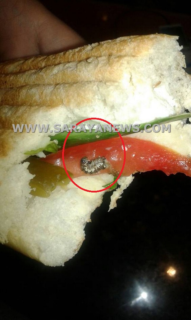 بالصور  ..  ديدان كبيرة الحجم داخل "الساندويش" الذي يباع في كفتيريا "الخارجية" 